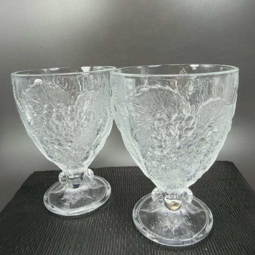 Pasabahce Fruit Embossed Heavy Pressed Glass Goblets Clear Cups Glasses Set‎ 2